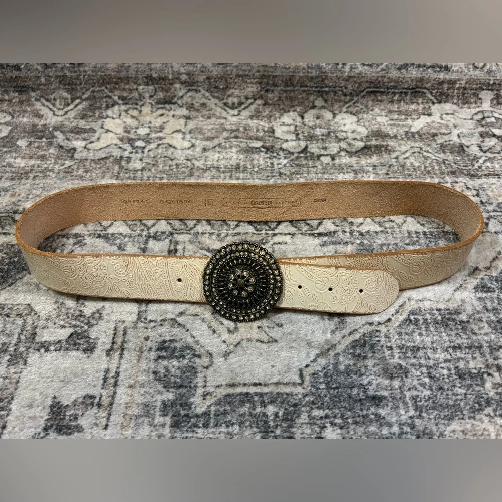 Fossil‎ Embellished Cream Leather Belt with Ornate Buckle Size Large